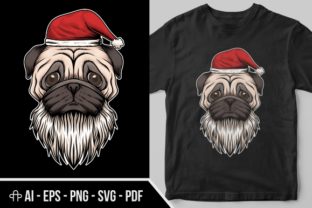 Pug Dog Hat and Beard Santa Christmas Illustrations